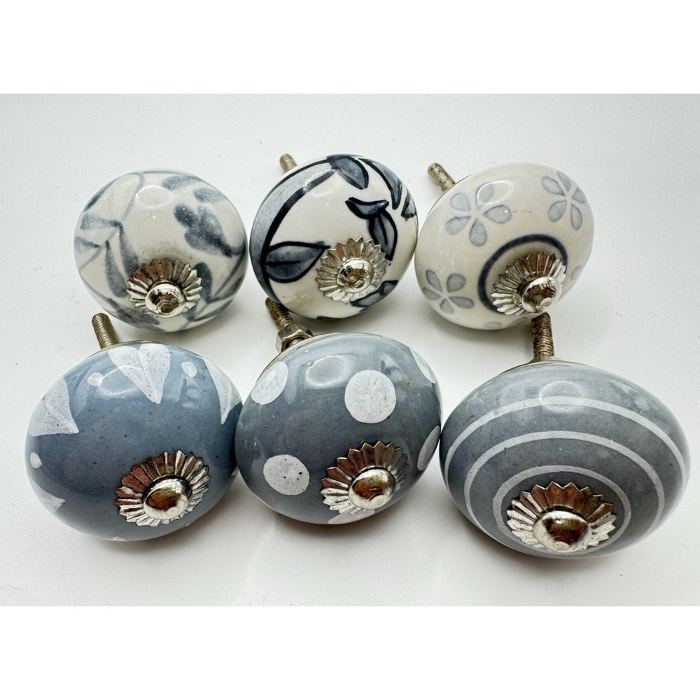 Blue Gray Ceramic Cabinet Knobs Set 6 Floral Drawer Pulls Cottage Farmhouse